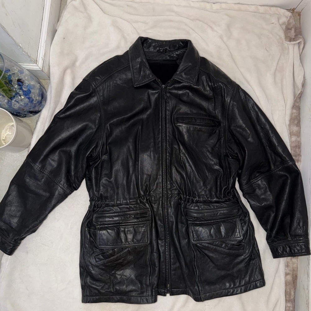 Keneth Cole Reaction Jacket Black Leather Collared zip pockets insulated.